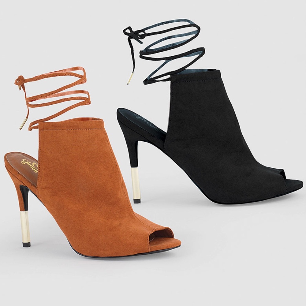 Lace Up Peep Toe Heels w/Gold Detail, Black, 12M